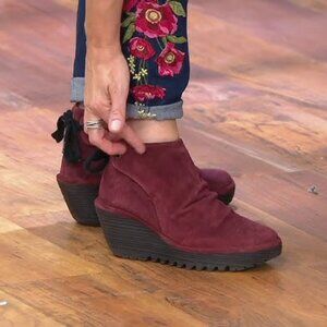 Fly London EU 40 / 9-9.5 Yebi Wine Suede Ruched Ankle Booties NEW